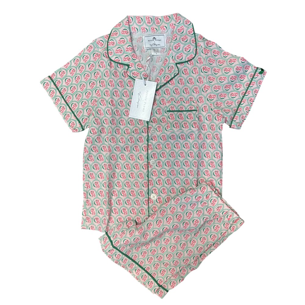 Petite Plume x The Colony Hotel Girl Palm Beach Pajama Set Pink Green Size 4 NEW